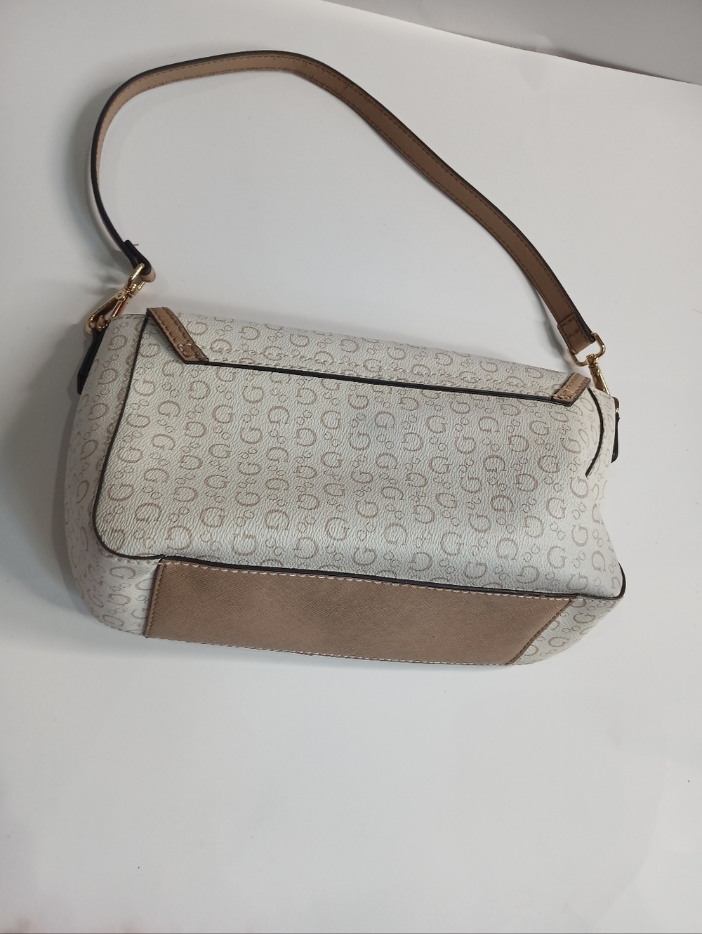 Guess Monogram Baguette Bag | Small Shoulder Purse | White Beige | Gold Hardware - Picture 5 of 7